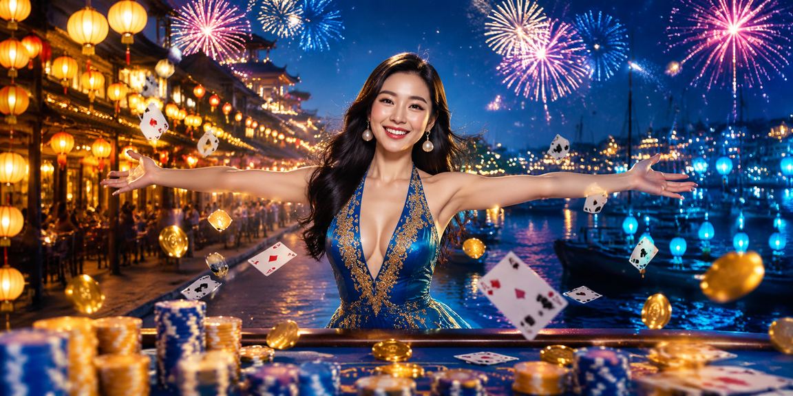 Bàn bài card game dưới ánh đèn lồng Hội An, gợi không khí giải trí casino trong lễ hội